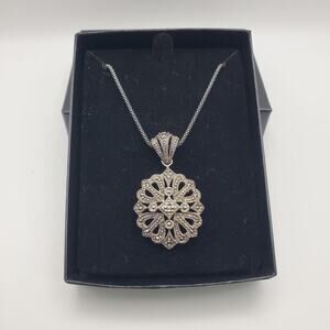 925 Sterling Silver Dark Tone Designer Cutout Marcasite Vintage Pendant Necklace